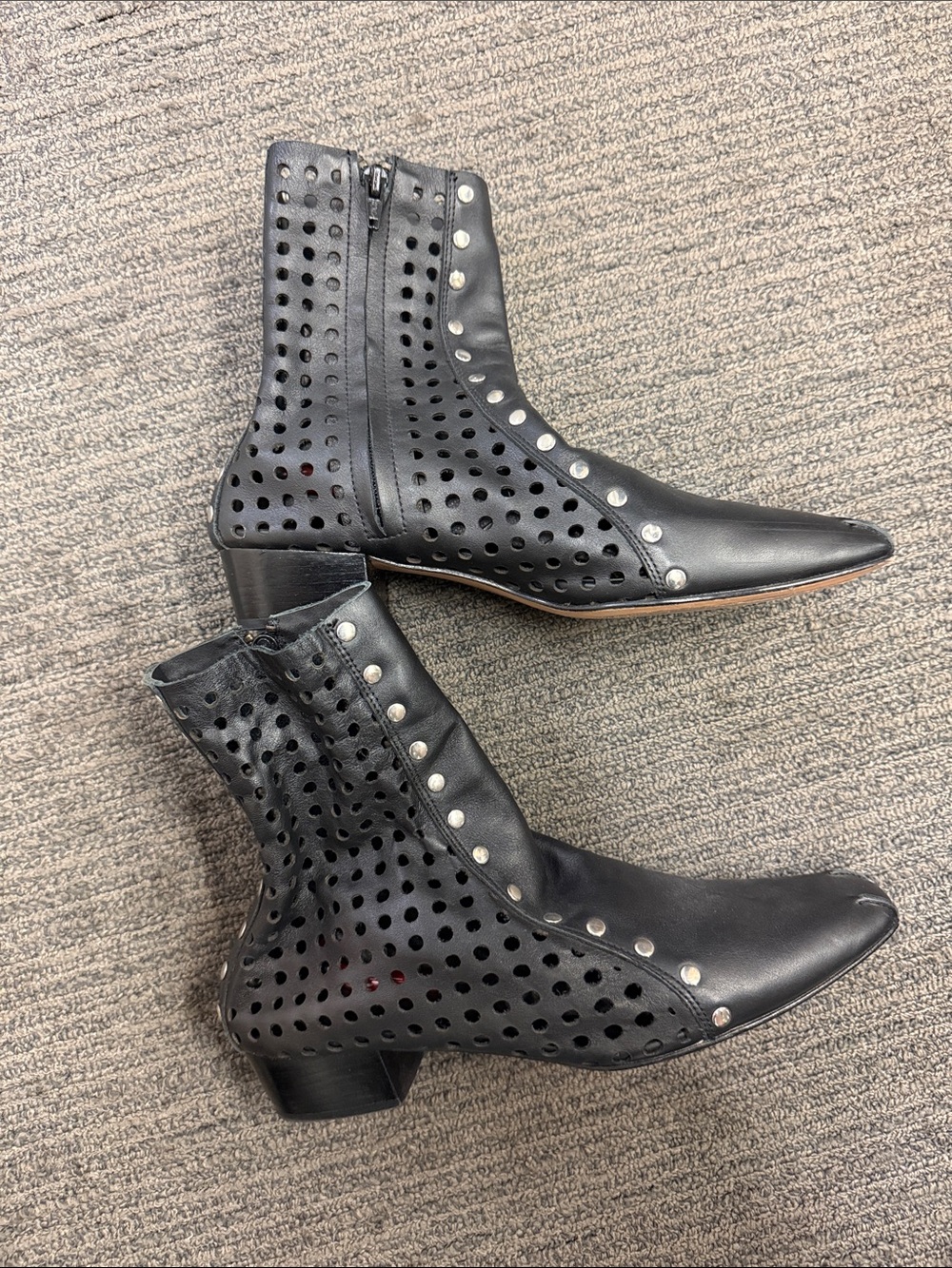 Women's Black Studded Perforated Ankle Boots - Picture 3 of 6
